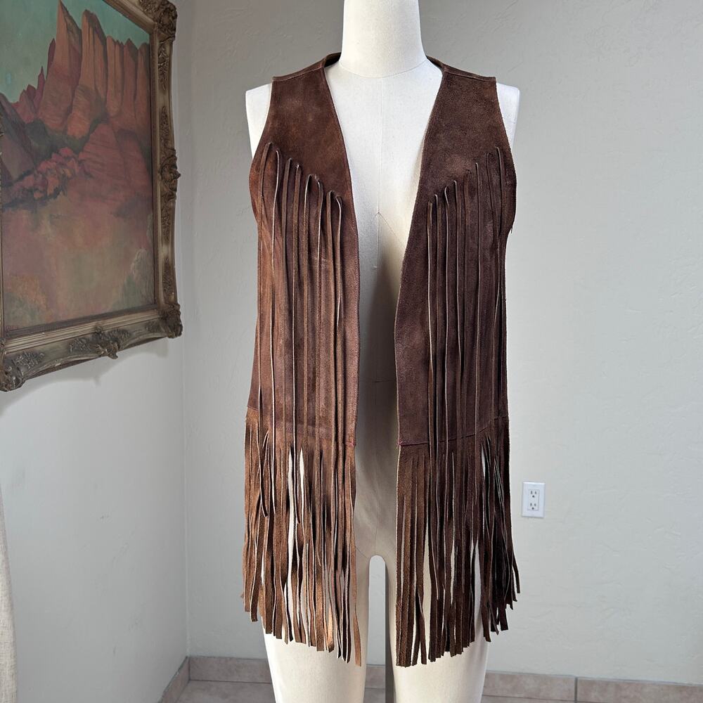70s genuine suede fringe vest brown western festival boho vintage women M L - Picture 4 of 13